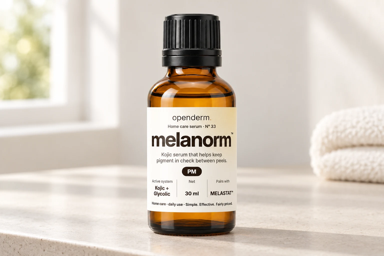 melanorm serum on a softly lit vanity shelf