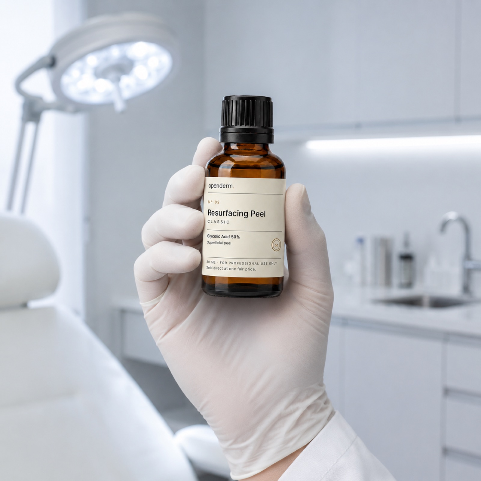 A gloved practitioner holding an OPENDERM Resurfacing Peel bottle in a treatment room